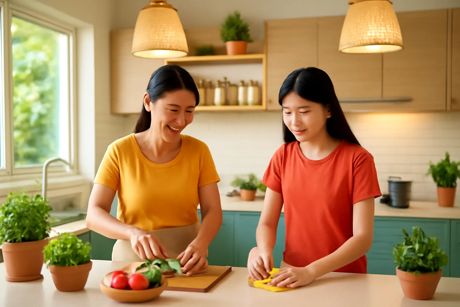 Gian bếp nhà phố sáng sủa với mẹ và con gái cùng chuẩn bị bữa tối