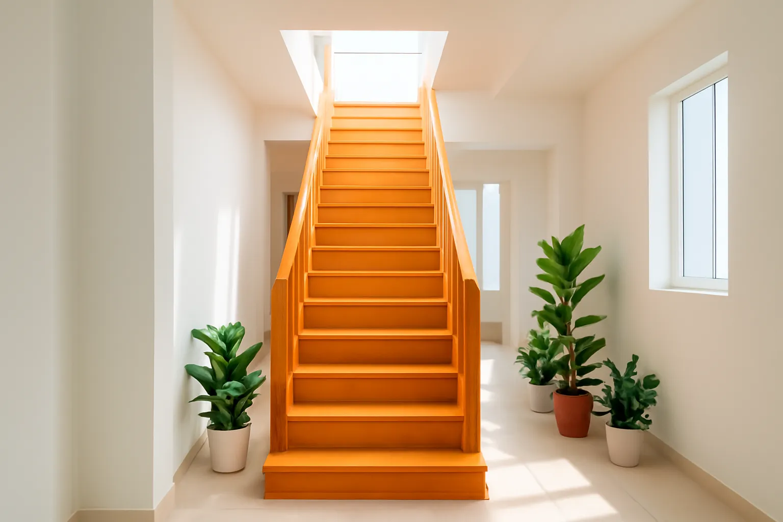 Cầu thang gỗ sáng sủa giữa một ngôi nhà phố có giếng trời