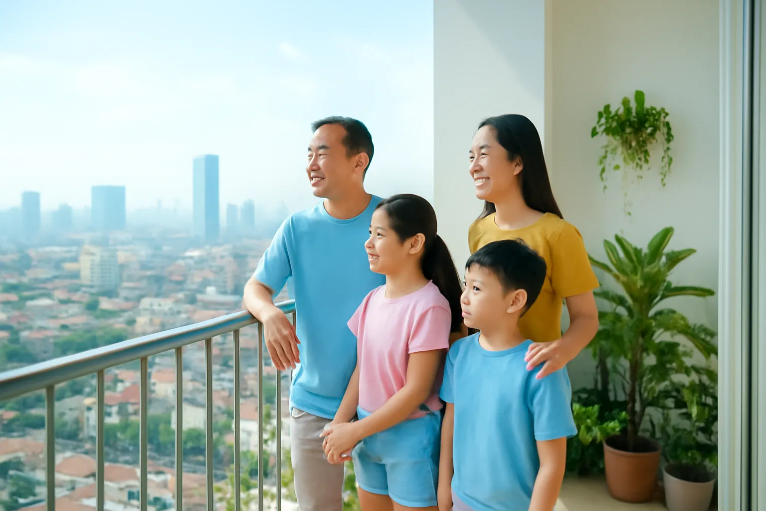 Ban công căn hộ chung cư nhìn ra thành phố buổi sáng