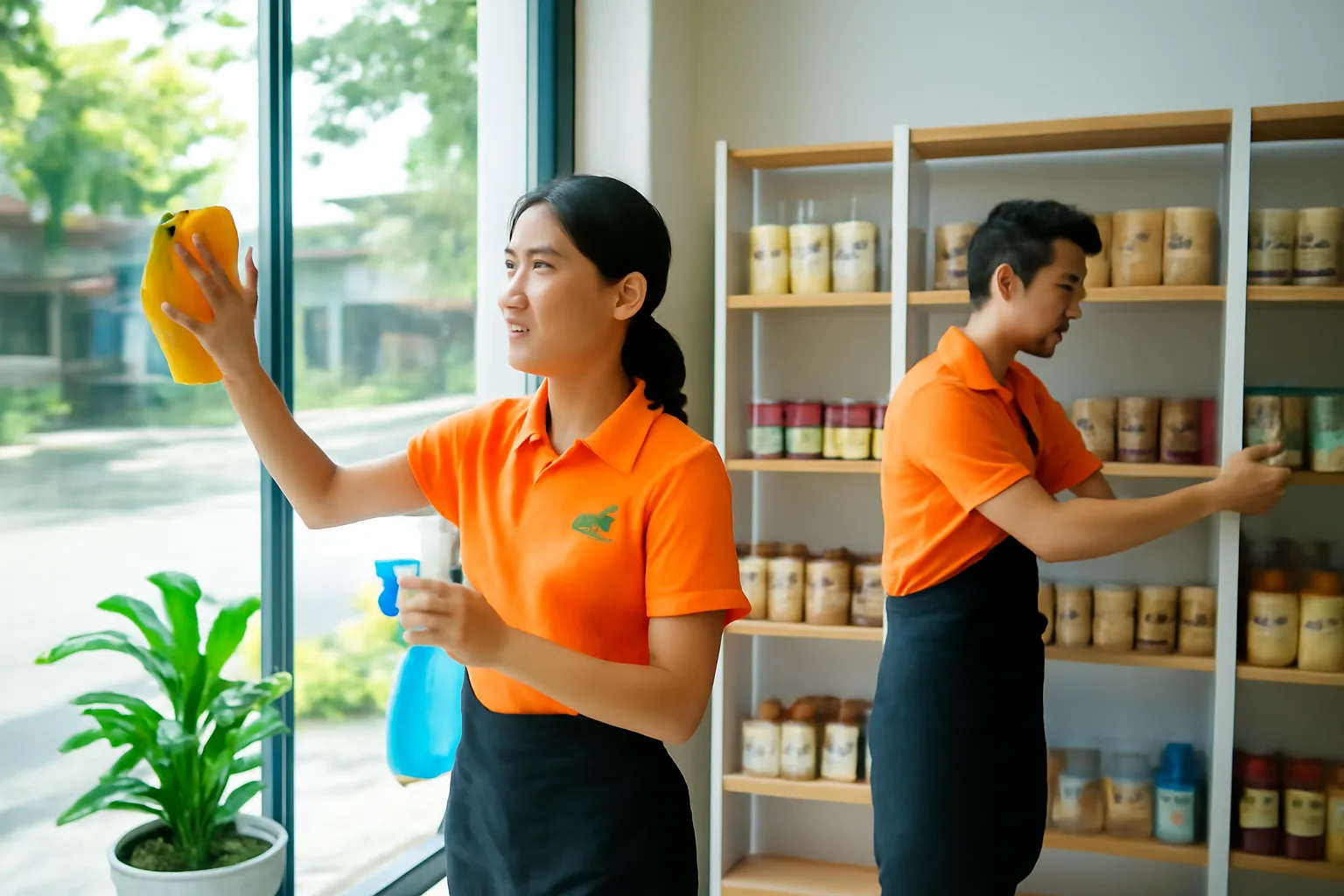 Nhân viên lau kính và sắp xếp kệ hàng trước ngày khai trương