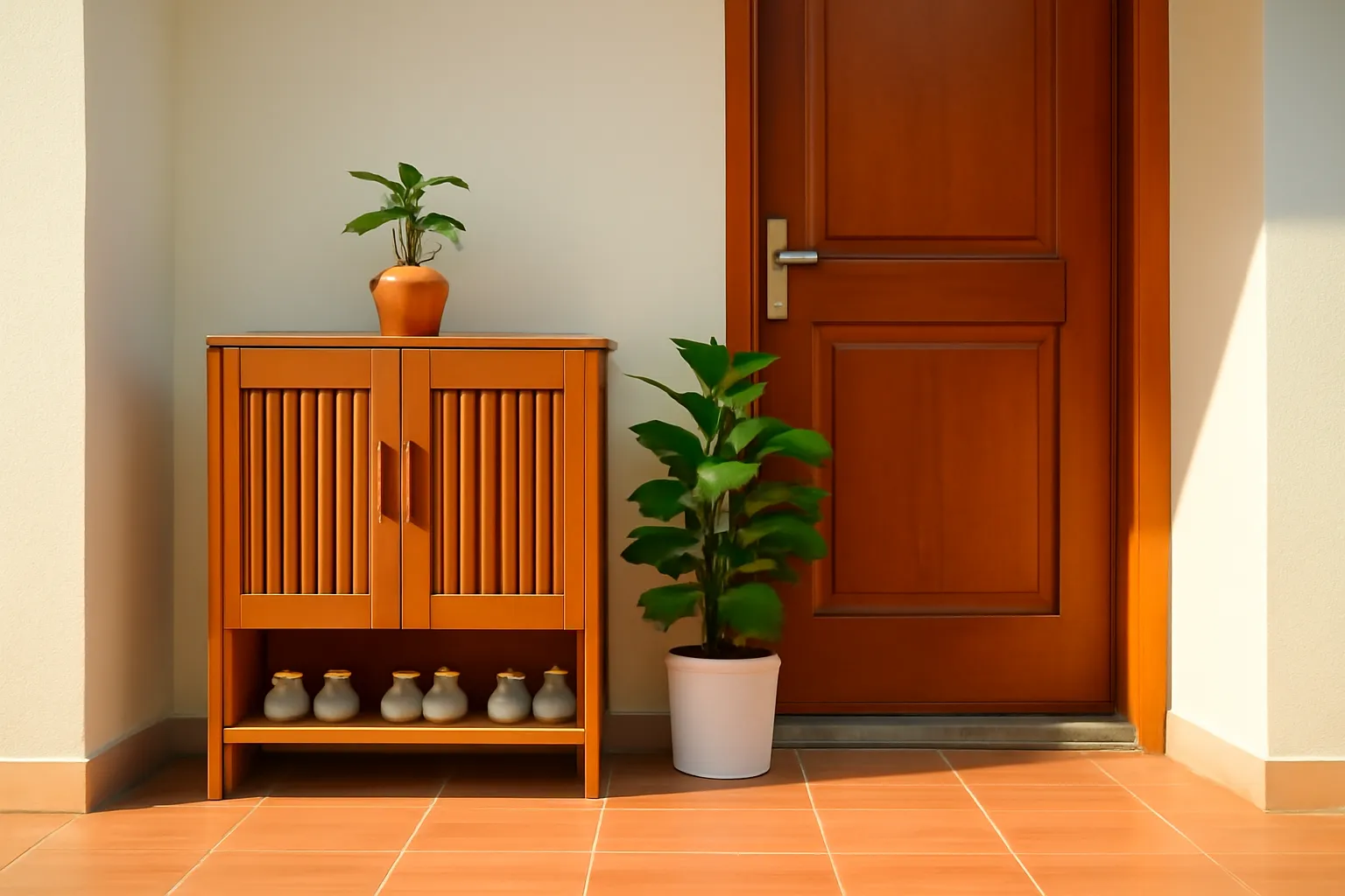 Lối vào nhà gọn gàng với kệ giày và chậu cây bên cửa