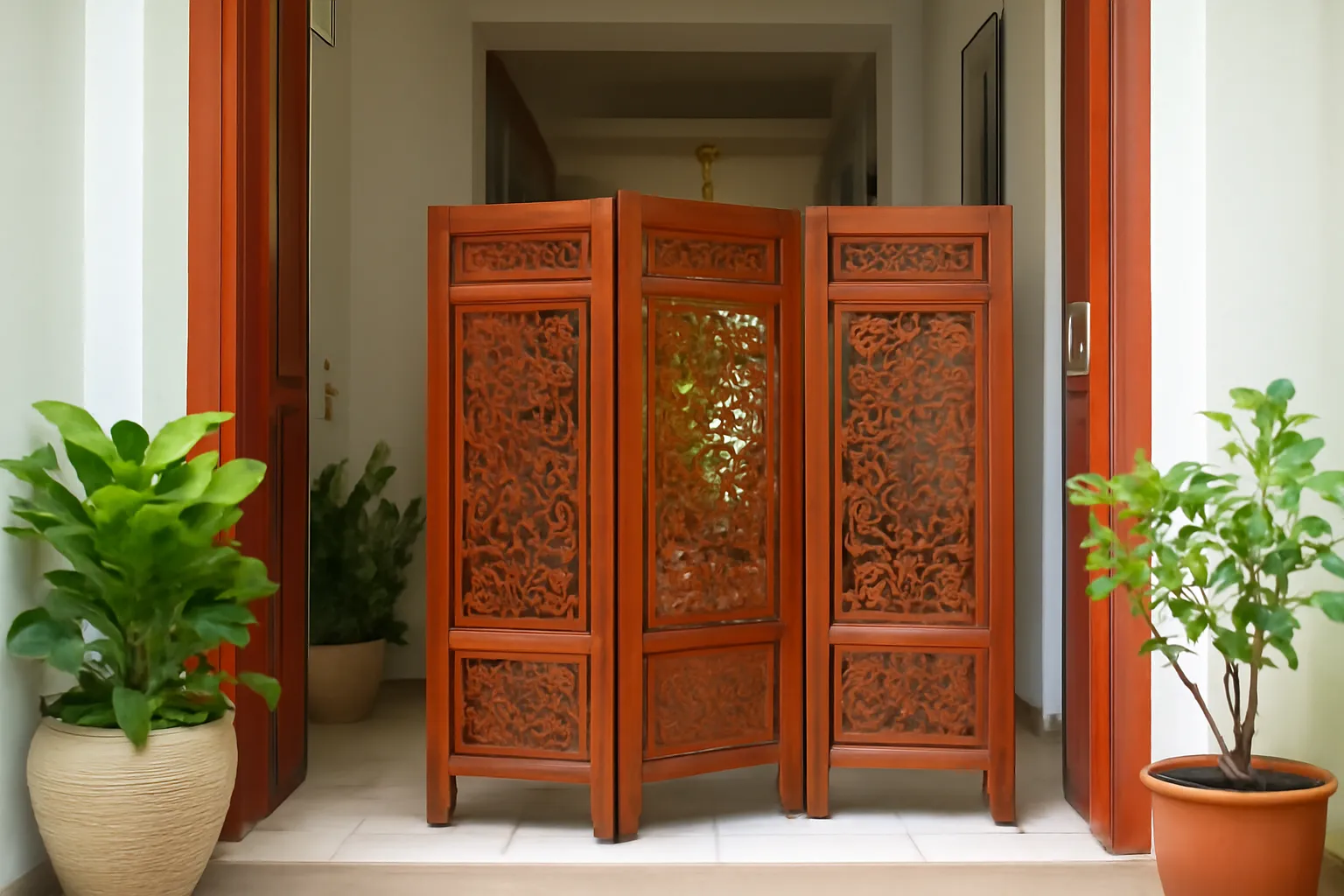 Bình phong gỗ chắn giữa cửa chính và hành lang trong nhà phố