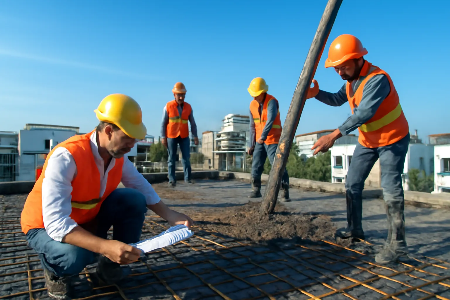 Thợ xây đổ bê tông mái nhà dưới bầu trời quang đãng