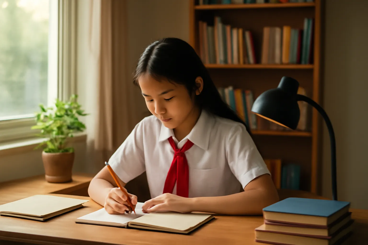 Bé gái ngồi học bên bàn gỗ cạnh cửa sổ với đèn bàn và kệ sách
