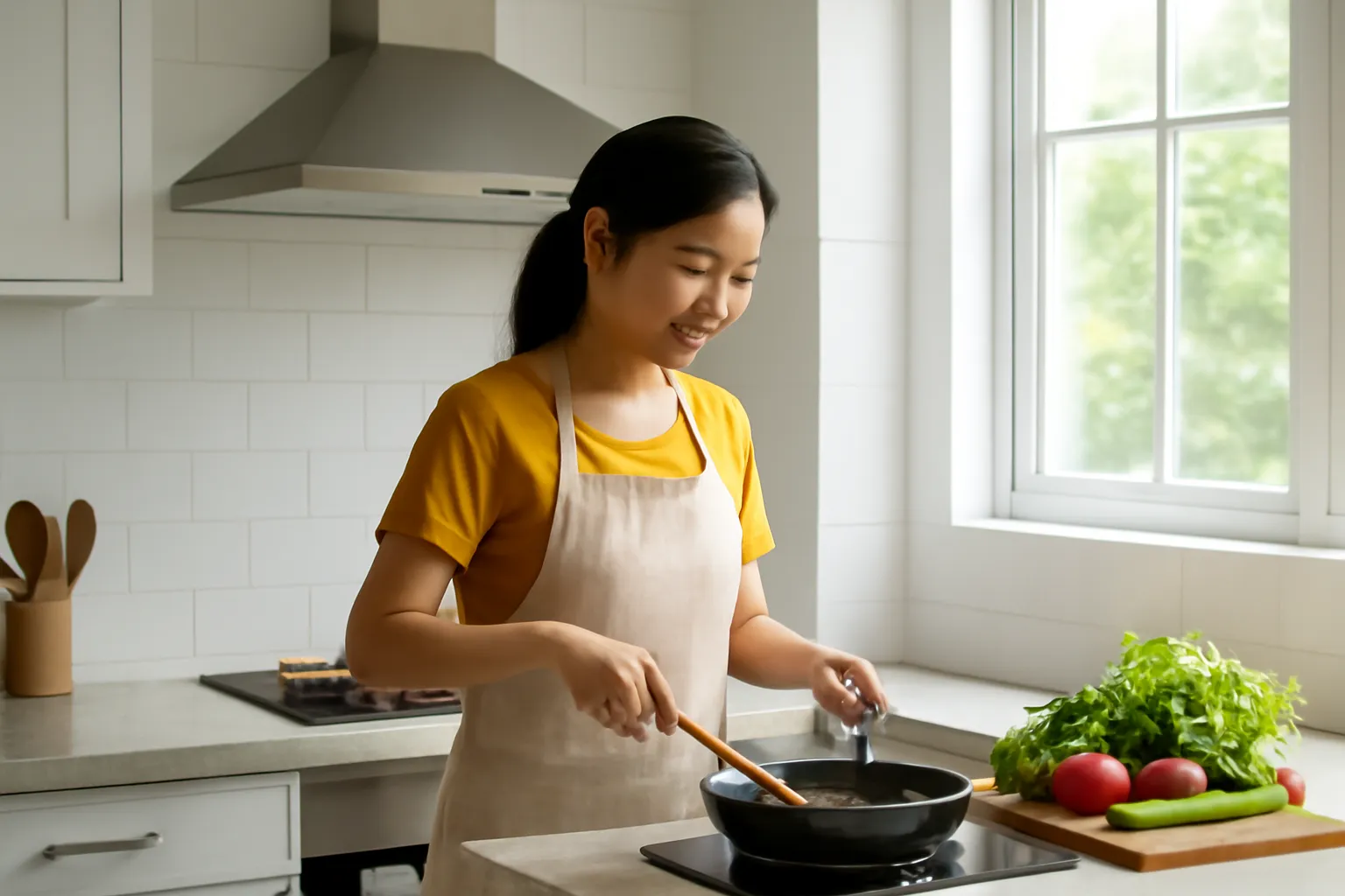 Người phụ nữ nấu ăn ở góc bếp gọn gàng có máy hút mùi và cửa sổ