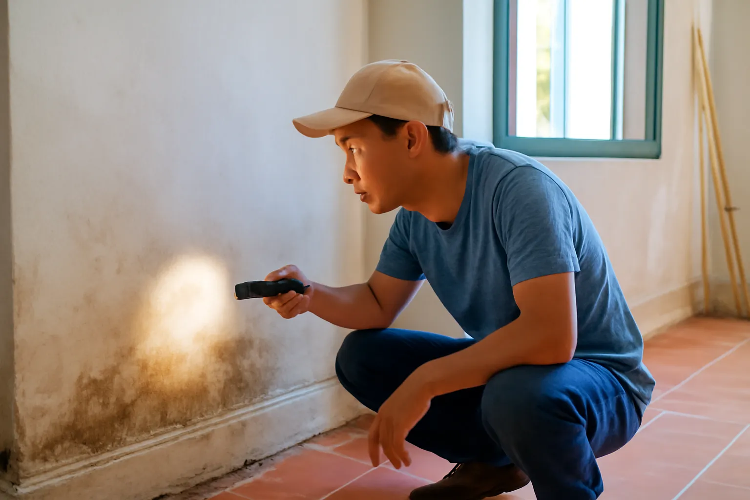 Một bức tường cũ có vết ẩm được kiểm tra bằng đèn pin