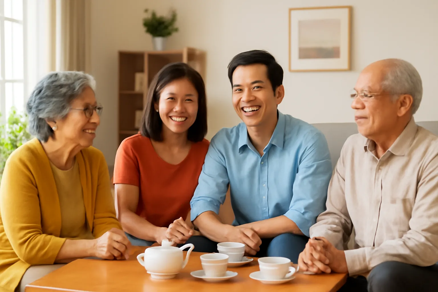 Hai gia đình ngồi quây quần bàn chuyện cưới hỏi bên ấm trà