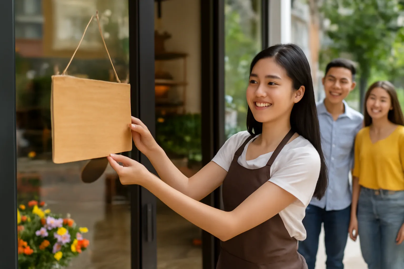 Chủ quán cà phê trẻ treo biển mở cửa vào buổi sáng đầu tiên