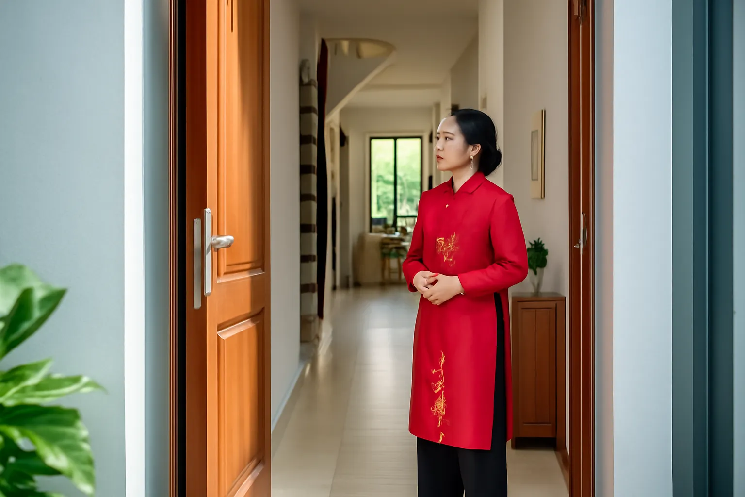 Chuyên gia phong thuỷ đứng ở cửa một ngôi nhà phố quan sát ánh sáng