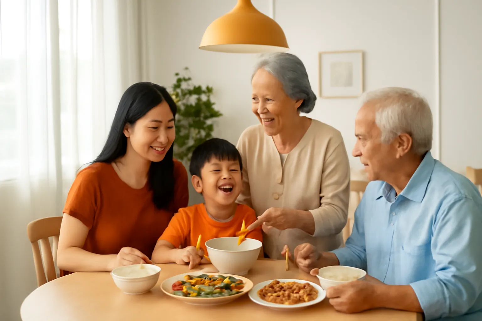 Ông bà, bố mẹ và cháu nhỏ cùng ăn cơm trong phòng sinh hoạt chung
