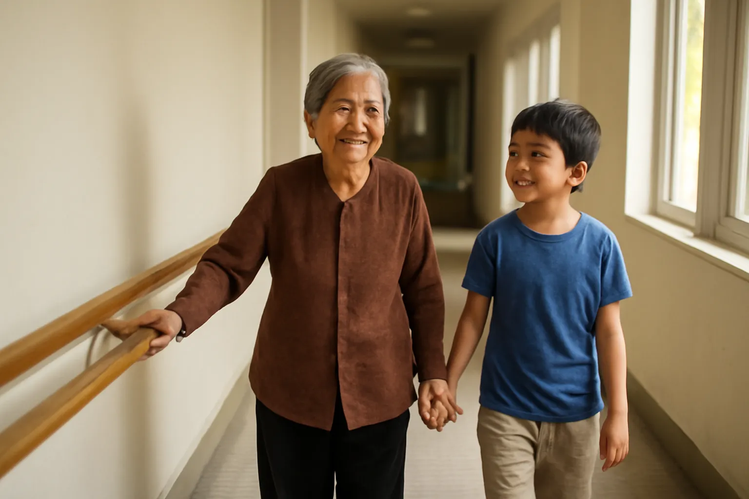Người bà đi lại an toàn trong hành lang có tay vịn và đèn sáng