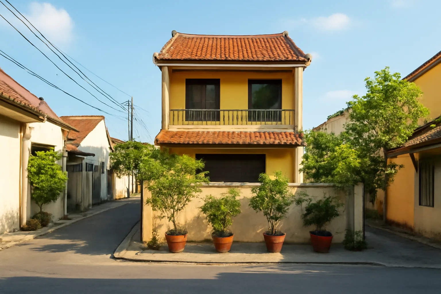 Một ngôi nhà ở cuối con đường nhỏ có hàng cây che trước cửa