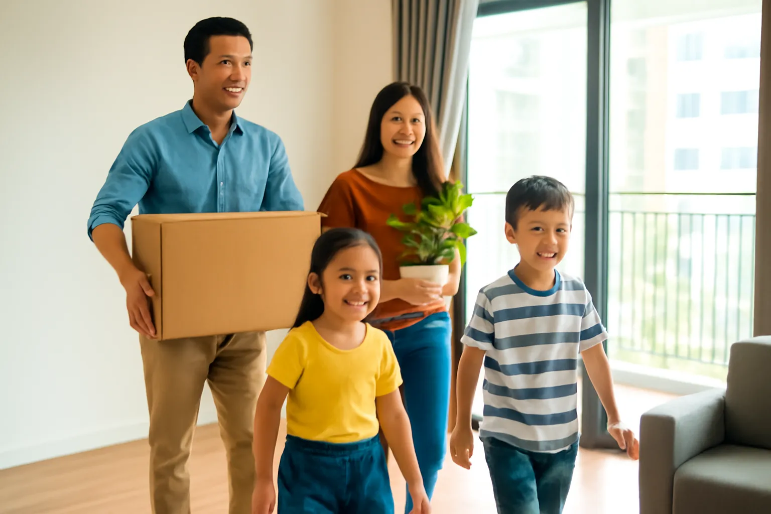 Gia đình mở cửa bước vào căn hộ mới sáng sủa với thùng đồ