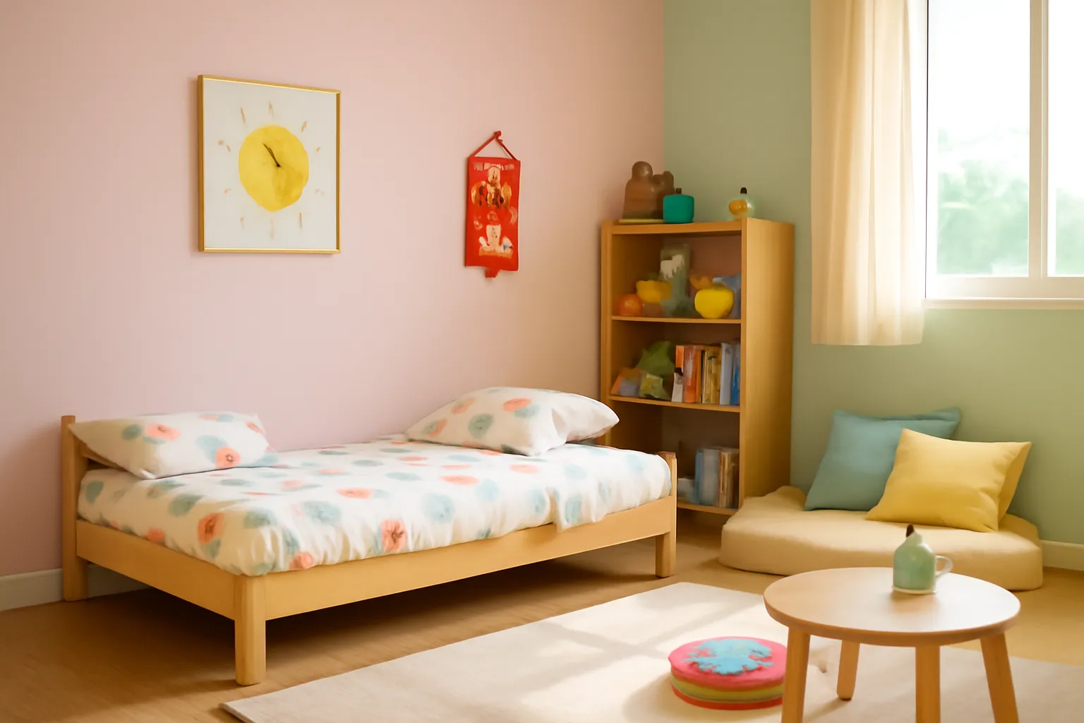 Phòng ngủ trẻ em sáng sủa có giường thấp và kệ đồ chơi gọn