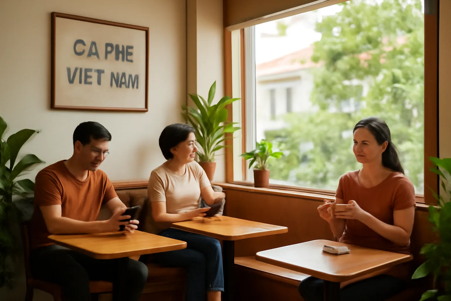 Góc quán cà phê nhỏ với khách ngồi tựa tường bên cửa sổ